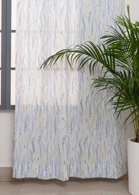 Grass fileds  100% cotton sheer floral curtain for living room -  Light filtering - Blue - Pack of 1-230425041