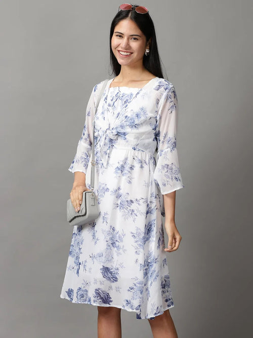 Women's White Floral Fit and Flare Dress-EA-1001-Whiteblue