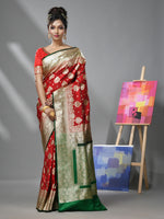 Red Silk Banarasi Saree With Damask Motifs And Woven Degins-MA52BSL441050091