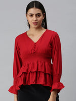 Women's Solid Red Top-AE-10229-Red