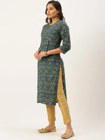 Women's Blue Printed Straight Kurtas-HO-1425-Teal