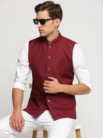 Men Maroon Mandarin Collar Solid Nehru Jacket-AK-51340-21-Maroon