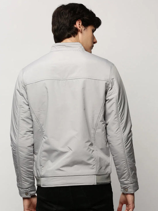 Men Grey Solid Casual Bomber Jackets-ZD-3500-Grey