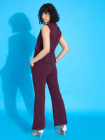 Women Burgundy Sleeveless Tie-Up Blazer With Bell Bottom Pants