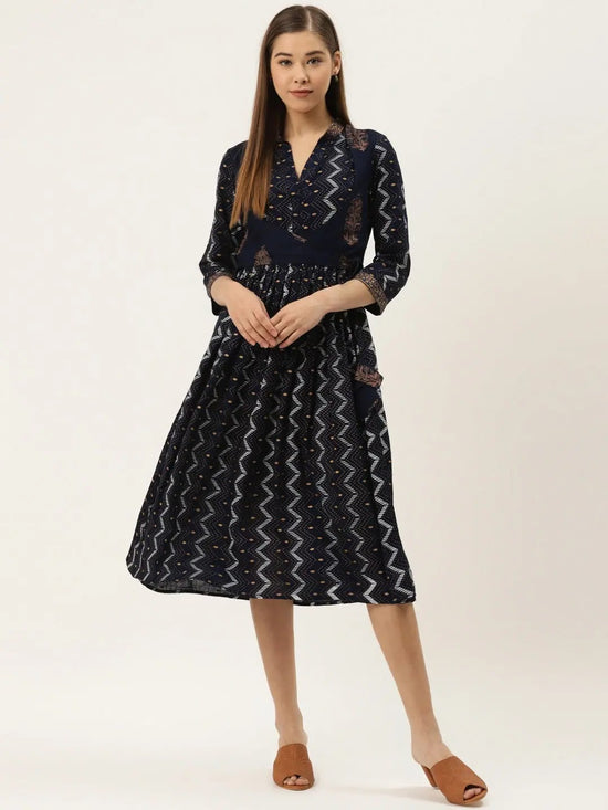 Printed Midi dress with mock waistcoat in navy