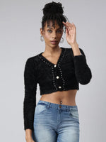 Women Solid Black Crop Cardigan-CHN-001-Black