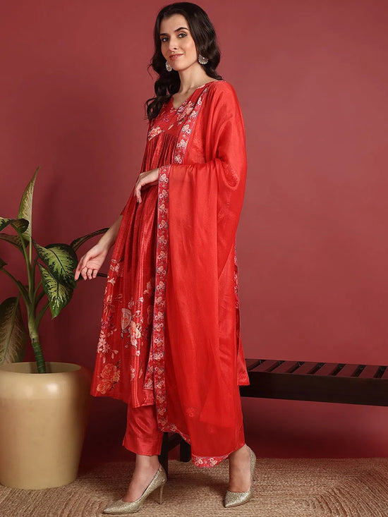 Ahika Polyester Floral Red Indian Ethnic