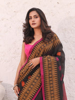 Black Pure Cotton Saree With Temple Border-MA54CT33550079