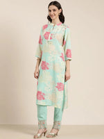 Women Sea Green Floral Kurta Set-UB-005-Seagreen