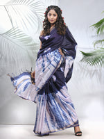 Navy Blue And White Shibori Printed Silk Saree-MA56BSL34610008