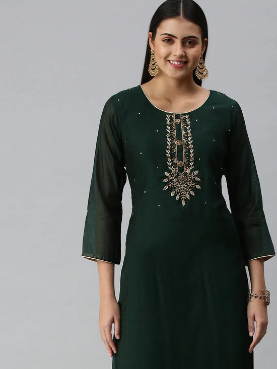 Women's Green Floral Khatwa Straight Kurta-GC-1005-Green