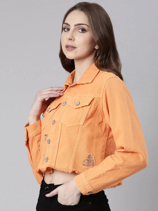 Women Orange Solid Denim Jacket-GZ-5599-Orange