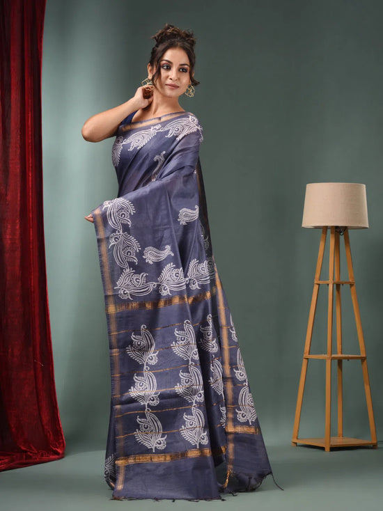 Grey Blended Silk Handwoven Saree With Paisley Border-MA50BSL34710008