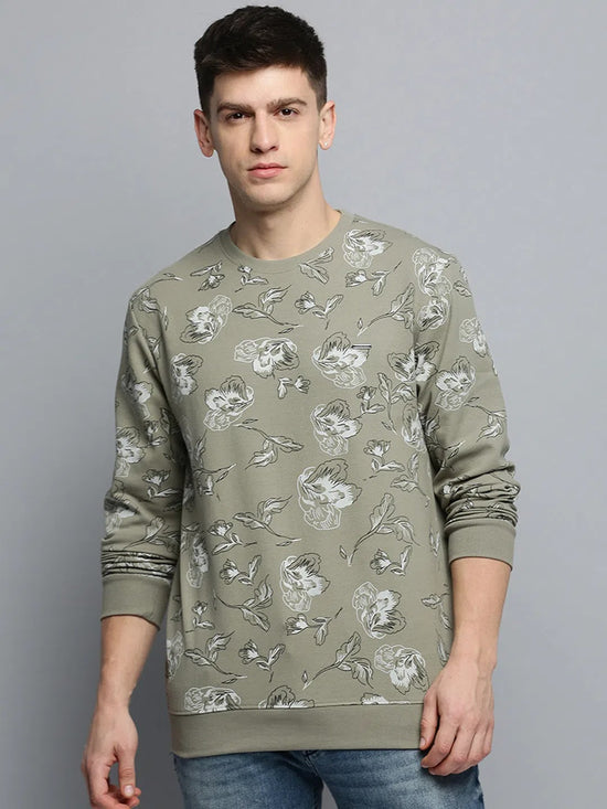 Men Green Printed Casual Sweatshirt-EX-F-5484-Olive