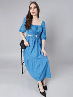 Women Blue Solid Fit and Flare Dress-ON-747-Blue