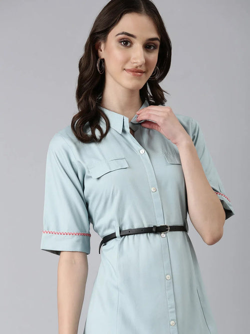 Women Blue Solid Shirt Dress-DF-1603-Blue