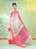 Off White Cotton Saree With Temple Borders-MA66CT43640016