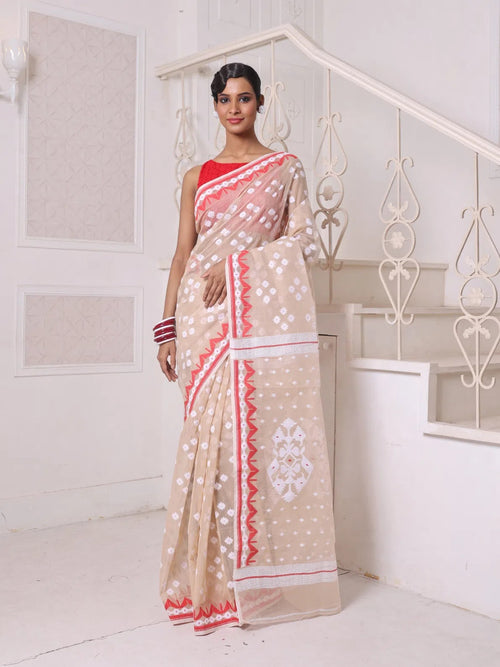 Beige Cotton Handwoven Jamdani Saree-MA64JM401380032