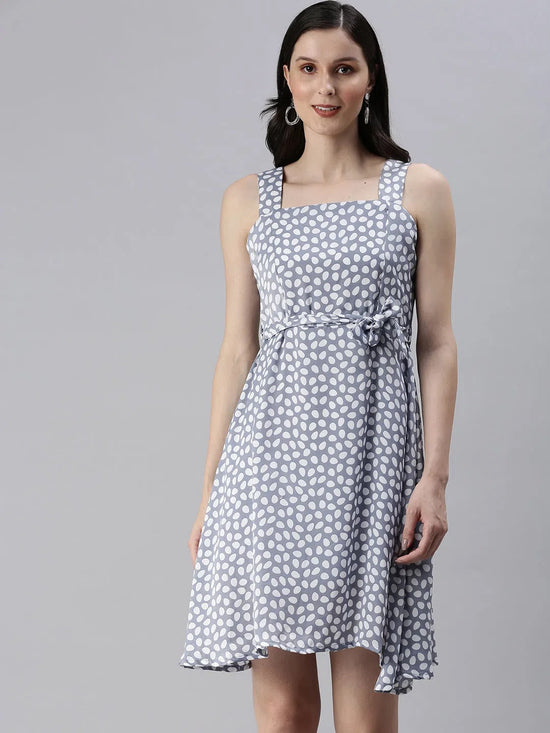 Women's Polka Dots Blue Fit and Flare Dress-AE-9994-Blue