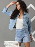 Women's Blue Solid Denim Jacket-LT-JKT-105372-1-Blue