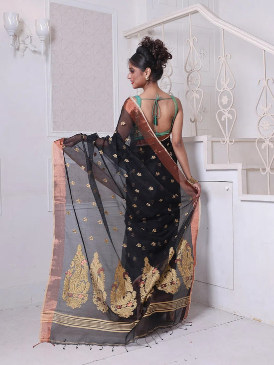 Black Cotton Saree With Zari Borders-MA64BCT401190051