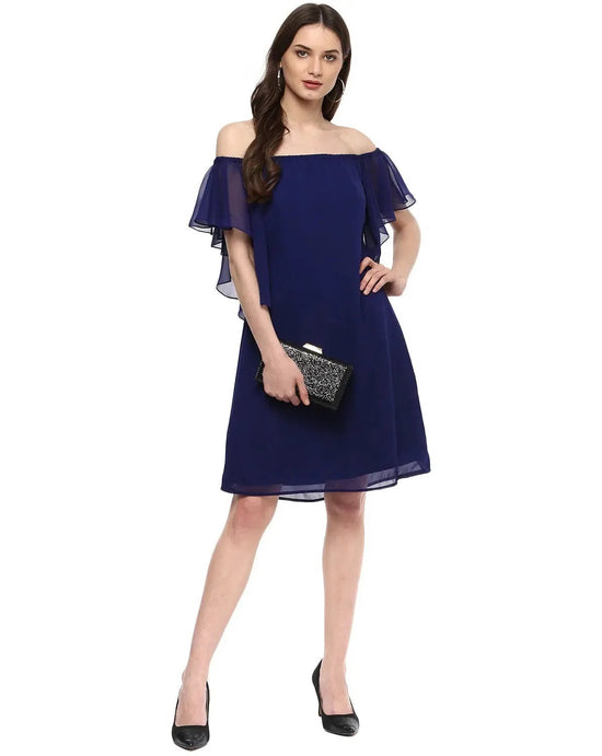 Off shoulder frill sleeve Dress in Midnight Blue