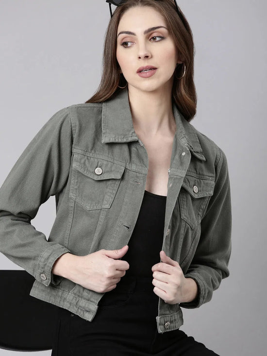 Women Grey Solid Denim Jacket-GZ-5598-Grey