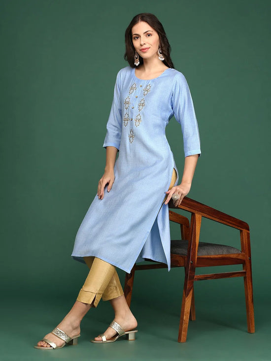 Women's Blue Embellished Straight Kurta-SKC-3217-Blue