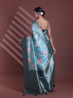 Teal Blue Floral Print Silk Soft Saree With Zari Border-MA60BSL011265018