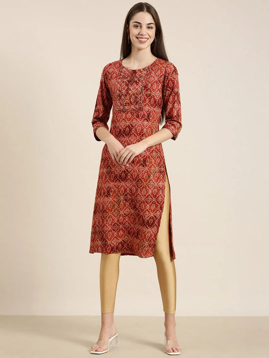 Women Rust Printed Straight Kurta-HO-2696-Rust