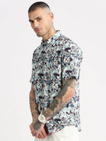 Men Spread Collar Abstract Sea Green Casual Shirt-REVERIE-2106-Seagreen