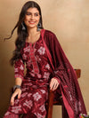 Ahika Women Maroon Rayon Blend Floral Printed Straight Kurta Trousers With Dupatta-VKSKD2266