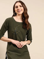 Women's Olive Embroidered Straight Kurta-DF-7063-Olive