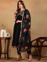 Ahika Women Black Silk Blend Embroidered A-Line Kurta Pant Set With Dupatta