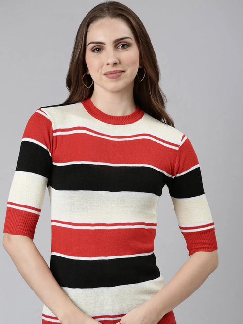 Round Neck Striped Cuffed Sleeves Regular Multi Top-AN-6-Multi