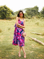 Flare yoke spaghetti Midi Dress in Blue and Pink