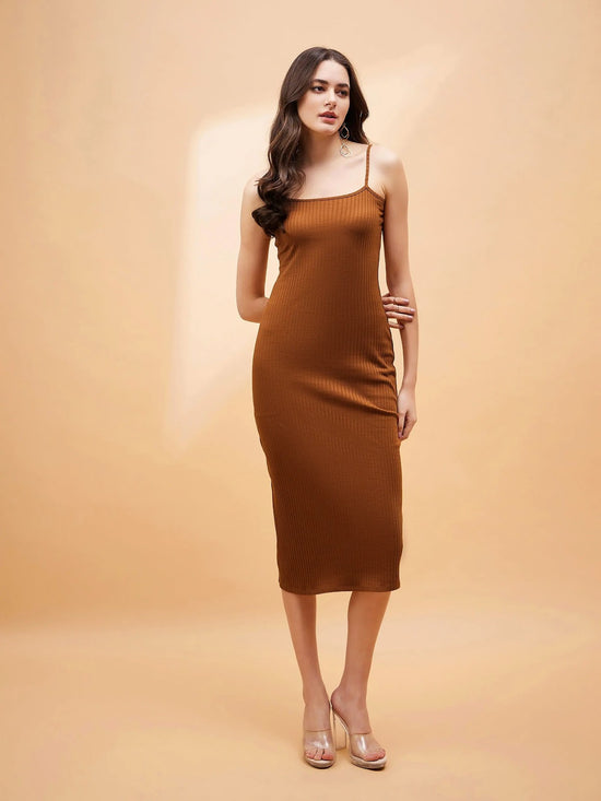 Women Brown Rib Strappy Dress