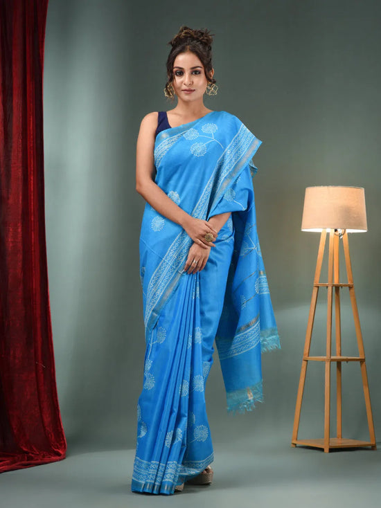 Sky Blue Blended Silk Handwoven Saree With Flower Designs-MA50BSL34710013