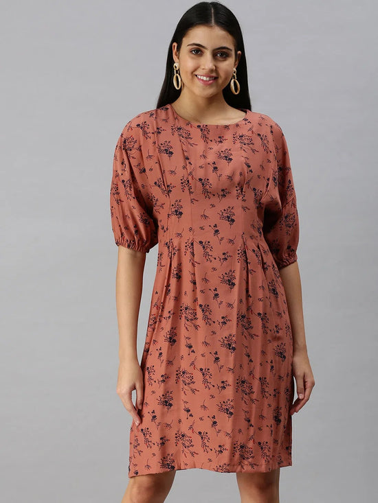 Women's A-Line Brown Printed Dress-AE-9892-Brownnavyblue