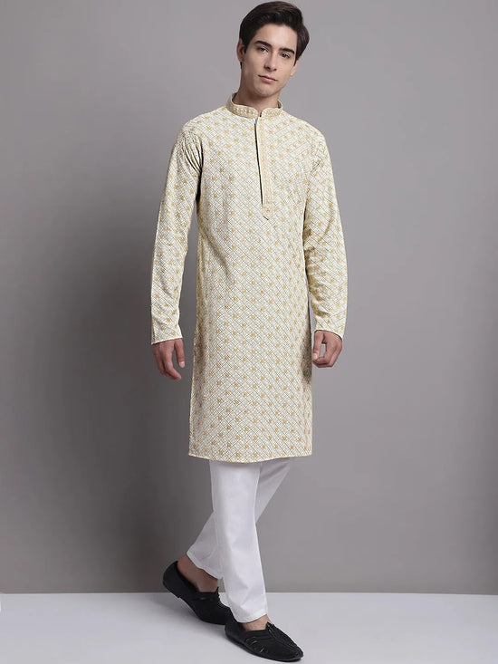 Men's Light Green Chikankari Embroidered and Sequence Kurta with Pyjama.-JOKP-P-5001Pista