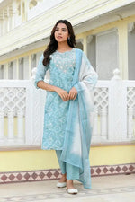 Vaasva Women Blue Tissue Linen Embroidered Solid Kurta Set With Solid Pants & Printed Dupatta-143-Vaas-Blue