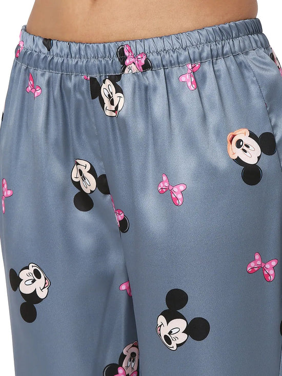 Smarty Pants Women's Silk Satin Grey Color Minnie Mouse Print Full Sleeves Night Suit