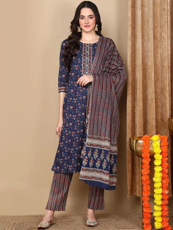 Ahika Women Navy Blue Cotton Printed Straight Kurta Pant Set-VKSKD2107_M