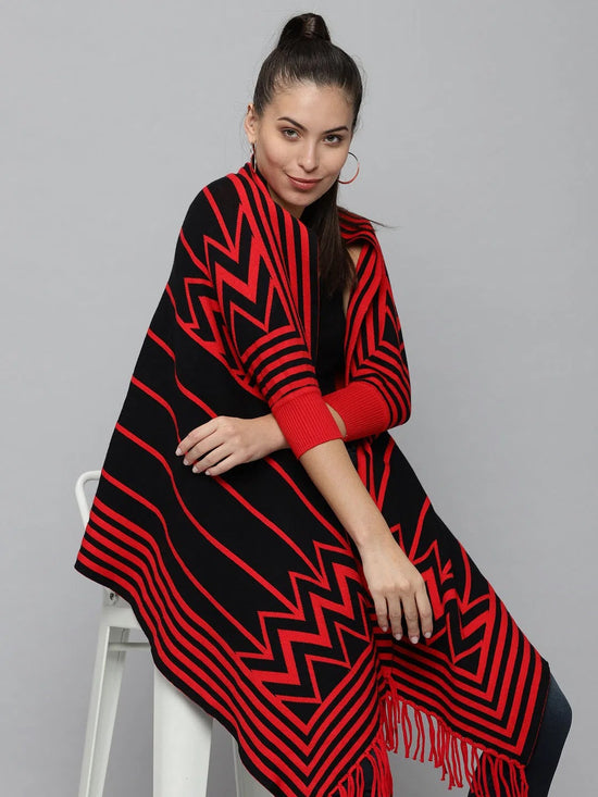 Women's Red Striped Poncho Sweater-BLR-1190-Red