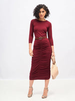 Women Maroon Ruched Bodycon Midi Dress