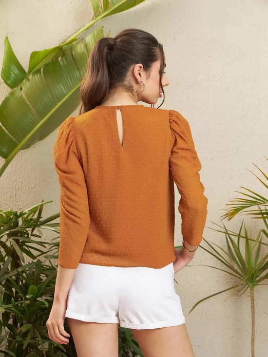 Women Rust Dobby Puff Sleeves Regular Top