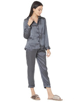 Smarty Pants Women's Silk Satin Dark Grey Night Suit