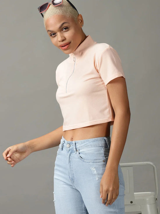 Women's Pink Solid Crop Top-AE-10477-Peach