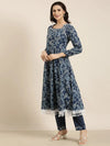 Women Anarkali Navy Blue Paisley Kurta and Trousers Set Comes With Dupatta-UB-3002-Navyblue