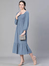 Women Round Neck Long Sleeve Blue  Flared Long Cotton Dress-S23315WDR002